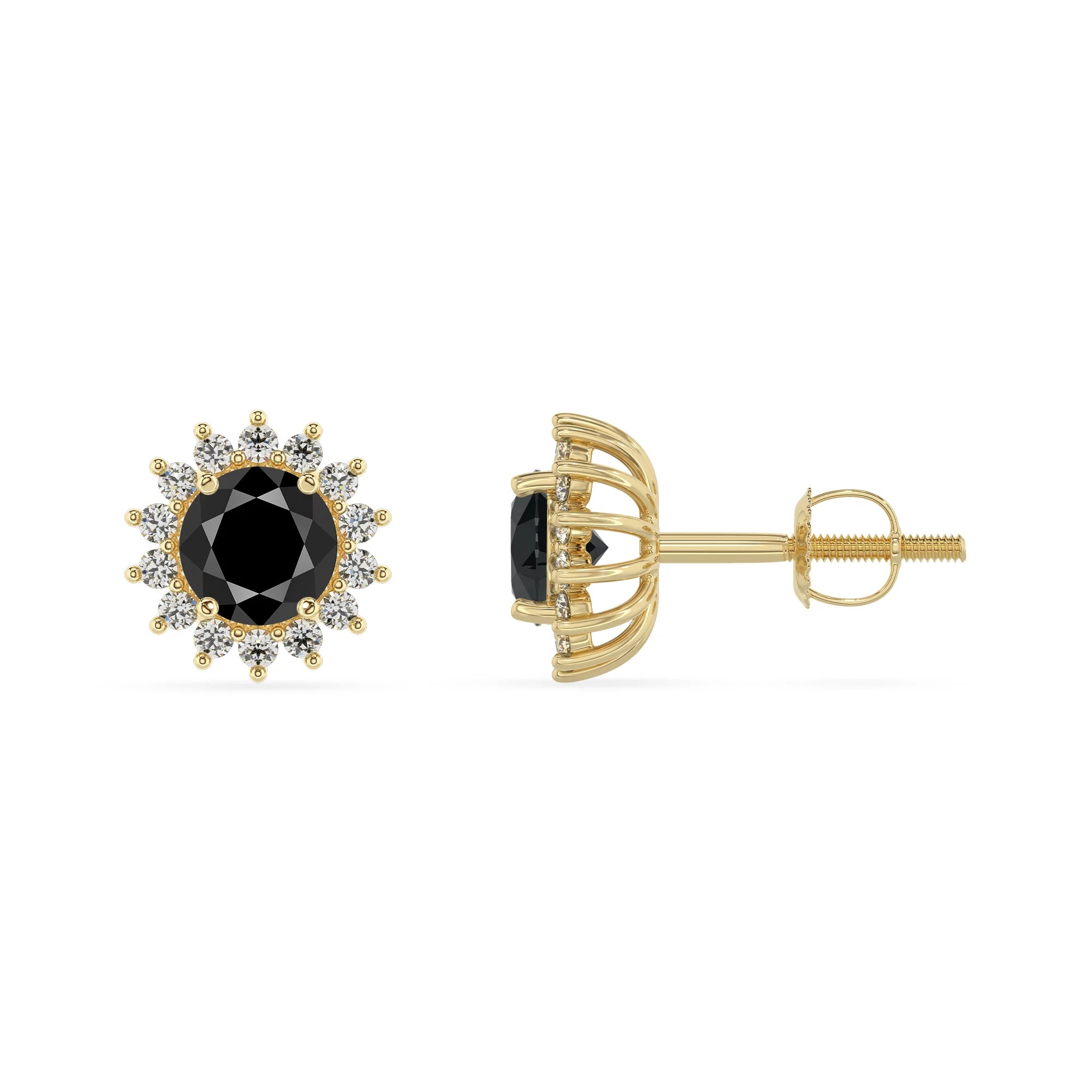 natural black onyx round stud earrings in yellow gold 