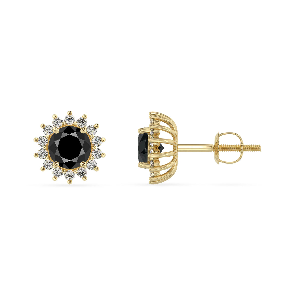 natural black onyx round stud earrings in yellow gold 