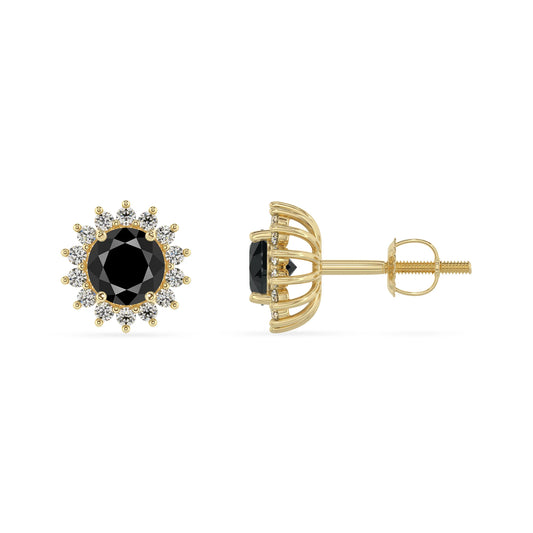 natural black onyx round stud earrings in yellow gold 