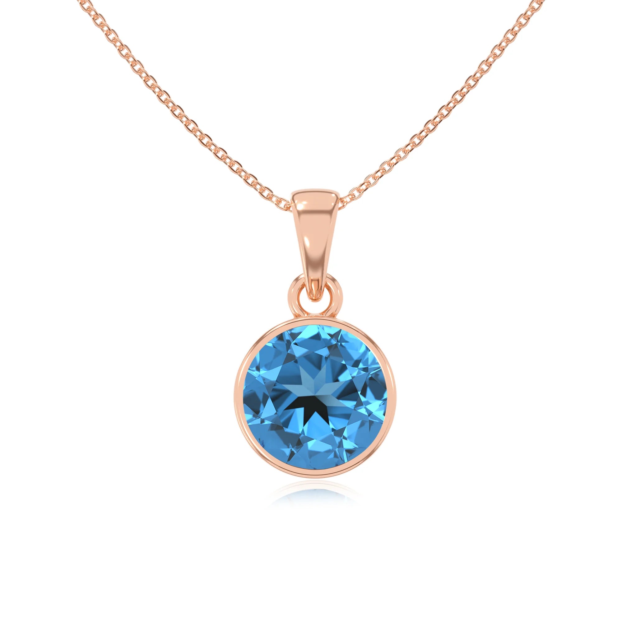 natural swiss-blue-topaz round solitaire necklaces in rose gold 