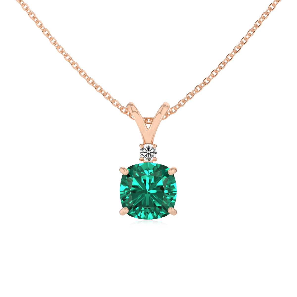 lab grown emerald cushion solitaire v-bale necklaces in rose gold 
