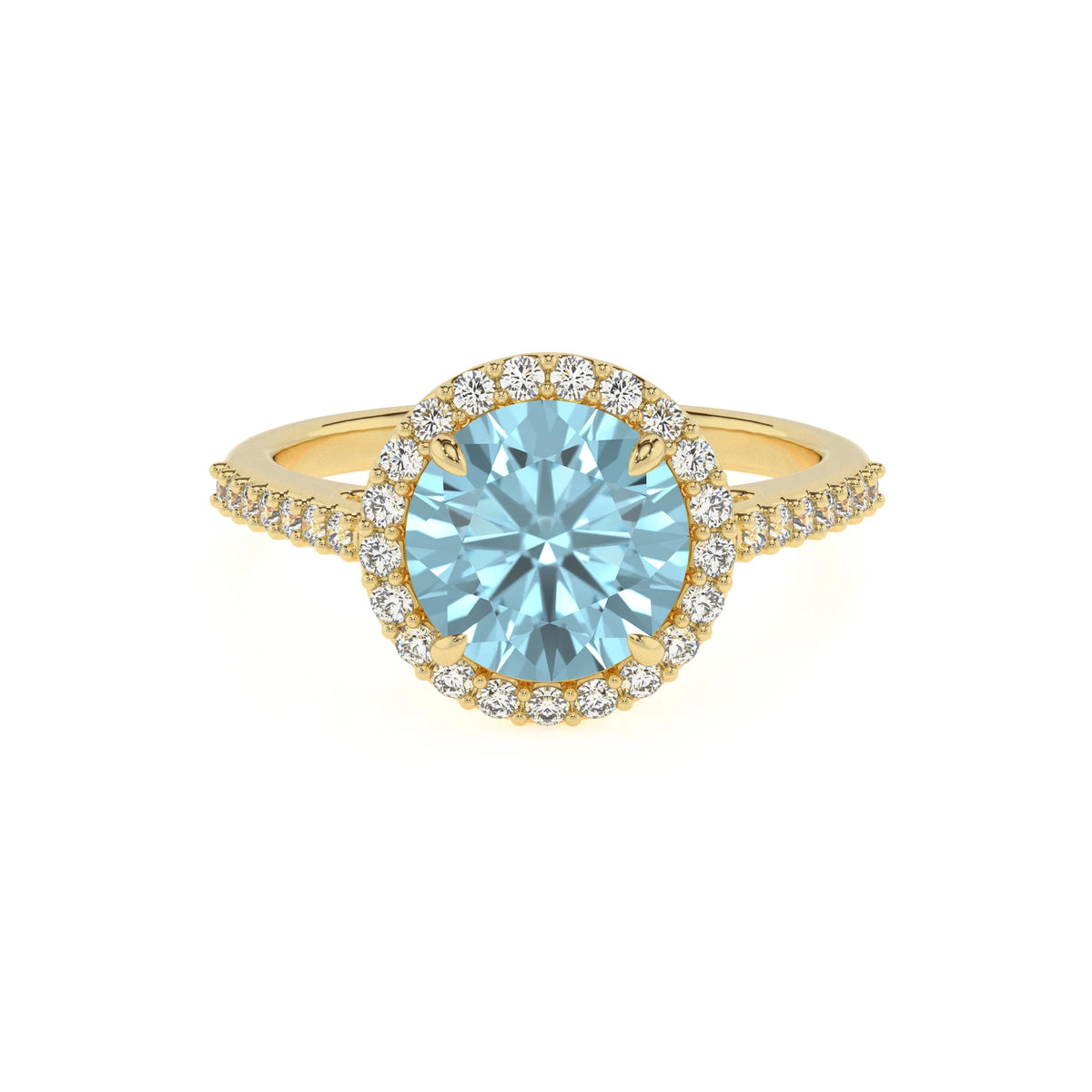 lab grown aquamarine round solitaire rings in yellow gold 