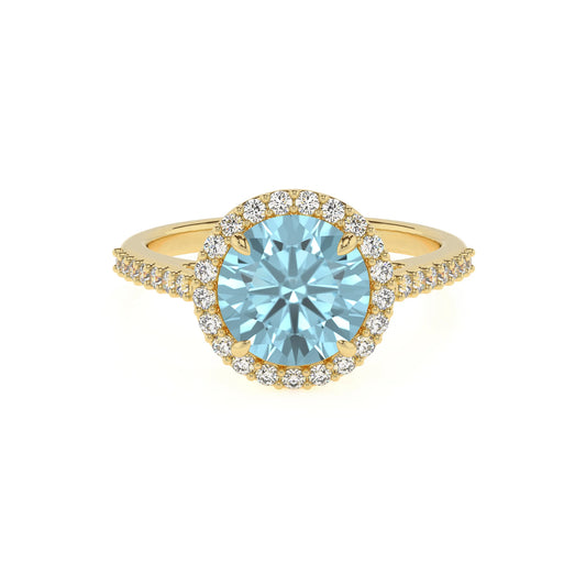 lab grown aquamarine round solitaire rings in yellow gold 