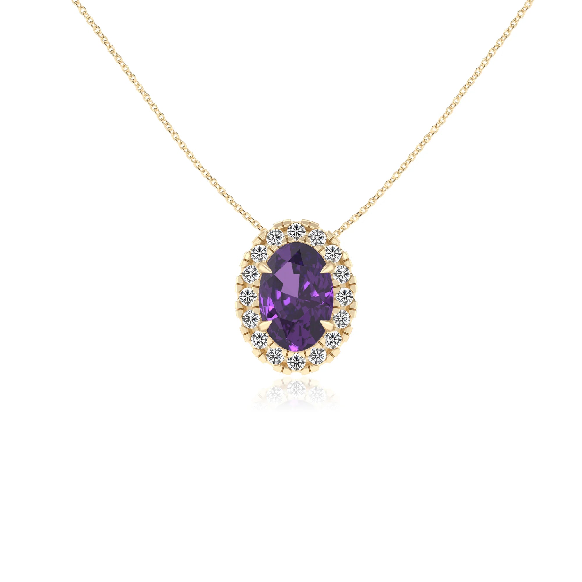 lab grown amethyst oval solitaire necklaces in yellow gold 