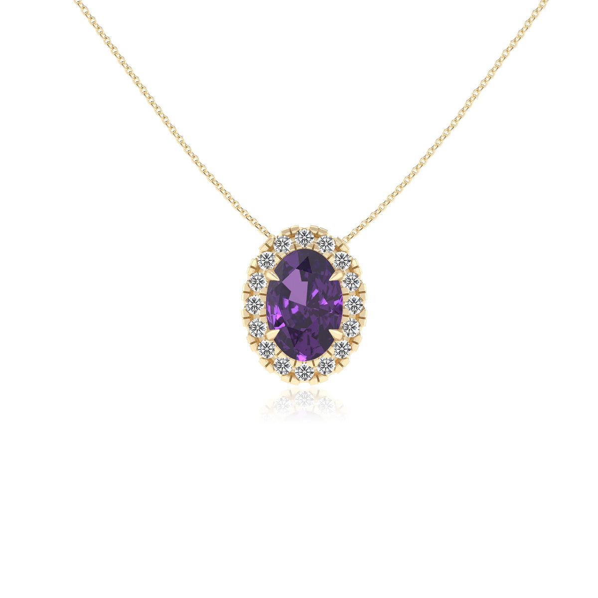 lab grown amethyst oval solitaire necklaces in yellow gold 