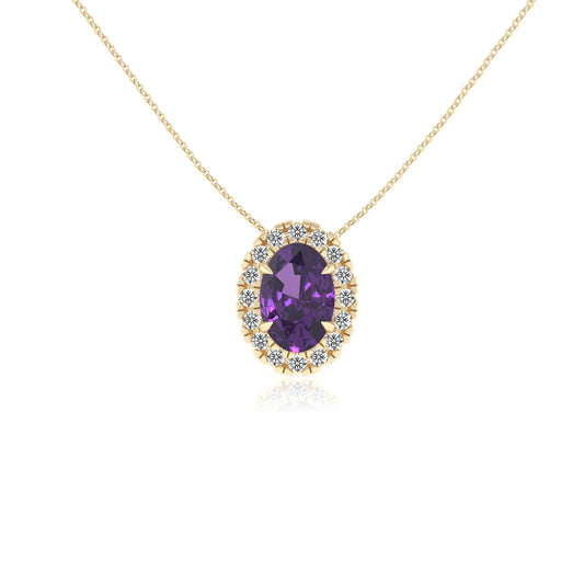 lab grown amethyst oval solitaire necklaces in yellow gold 