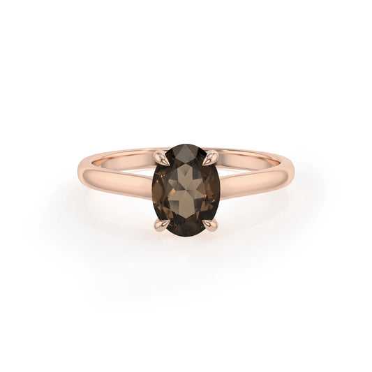 natural smoky-quartz oval solitaire rings in rose gold 