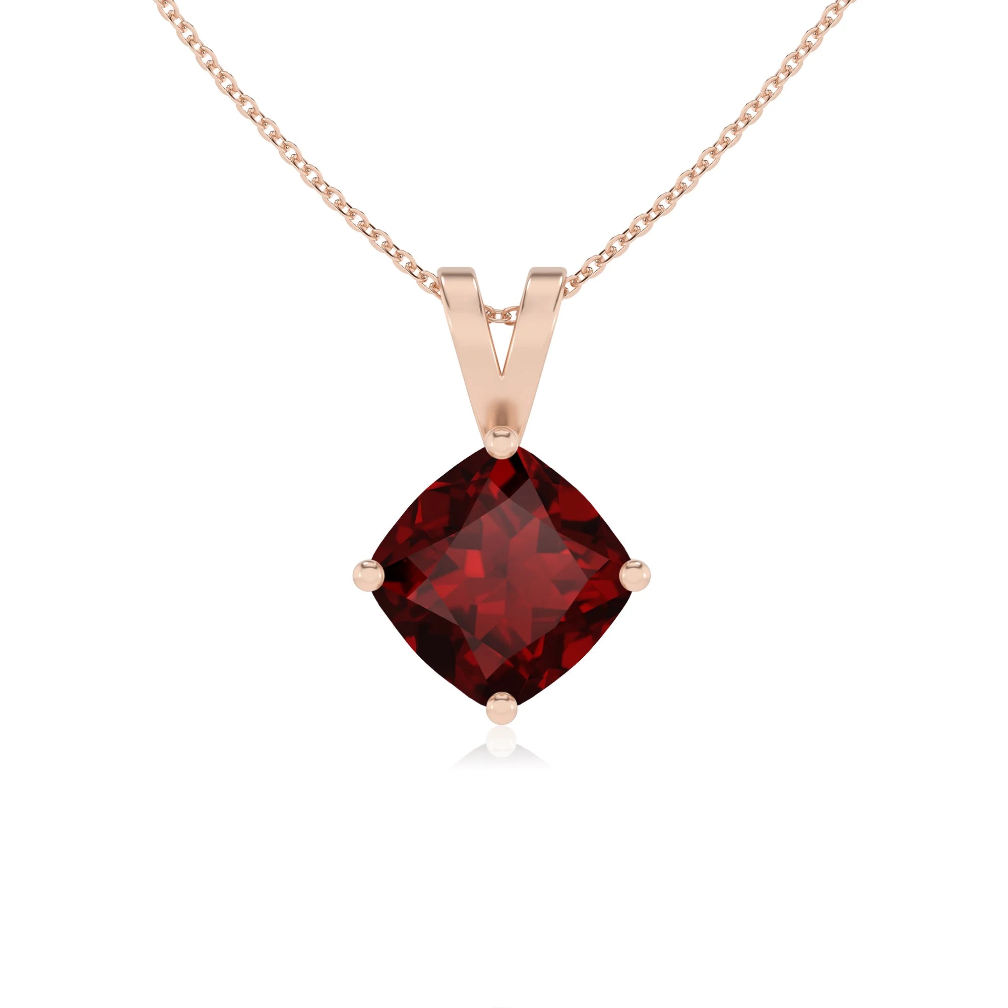 natural garnet cushion solitaire v-bale necklaces in rose gold 