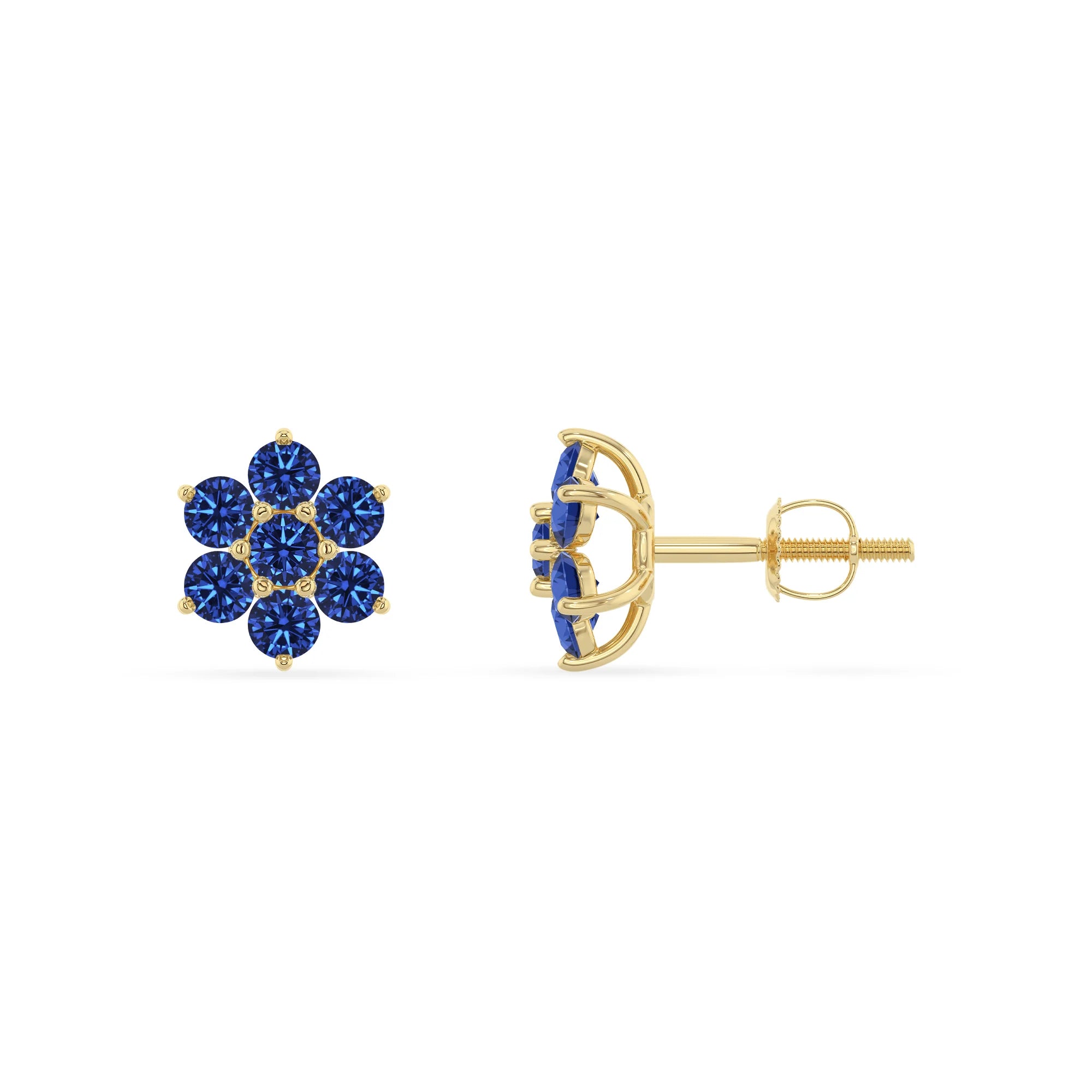 lab grown blue sapphire round stud earrings in yellow gold 