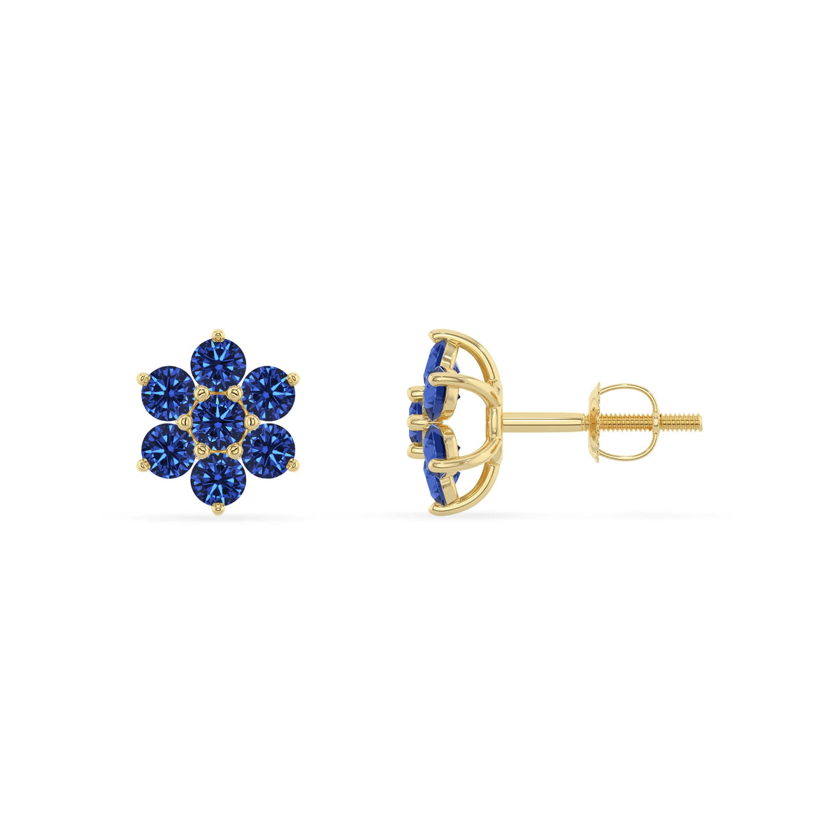 lab grown blue sapphire round stud earrings in yellow gold 