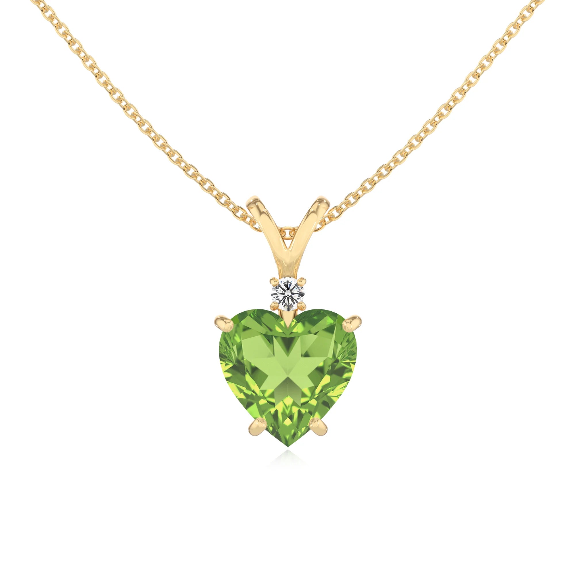 natural peridot heart solitaire v-bale necklaces in yellow gold 
