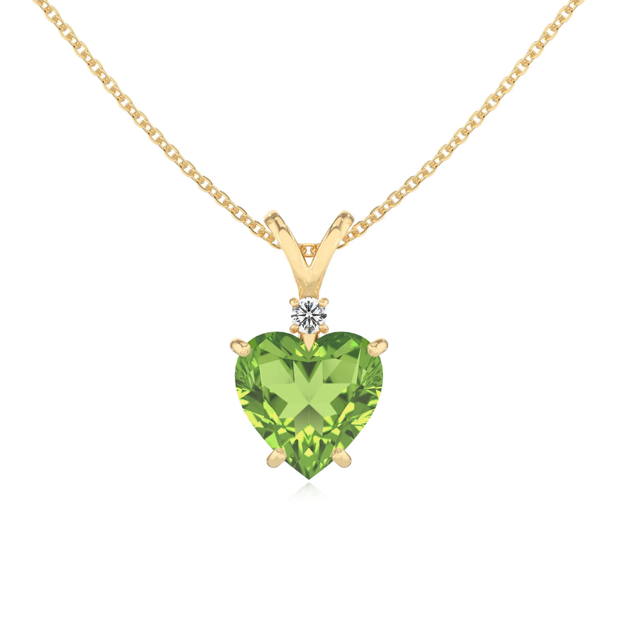 natural peridot heart solitaire v-bale necklaces in yellow gold 