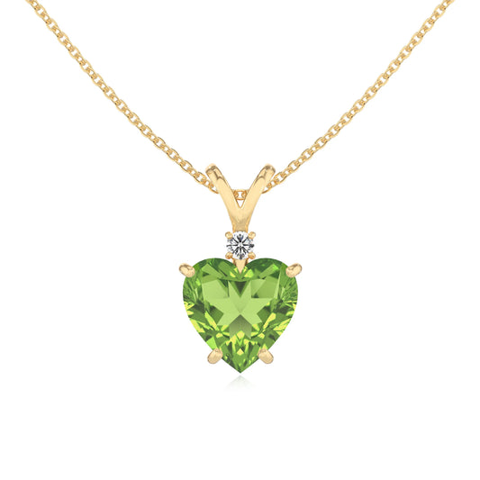 natural peridot heart solitaire v-bale necklaces in yellow gold 