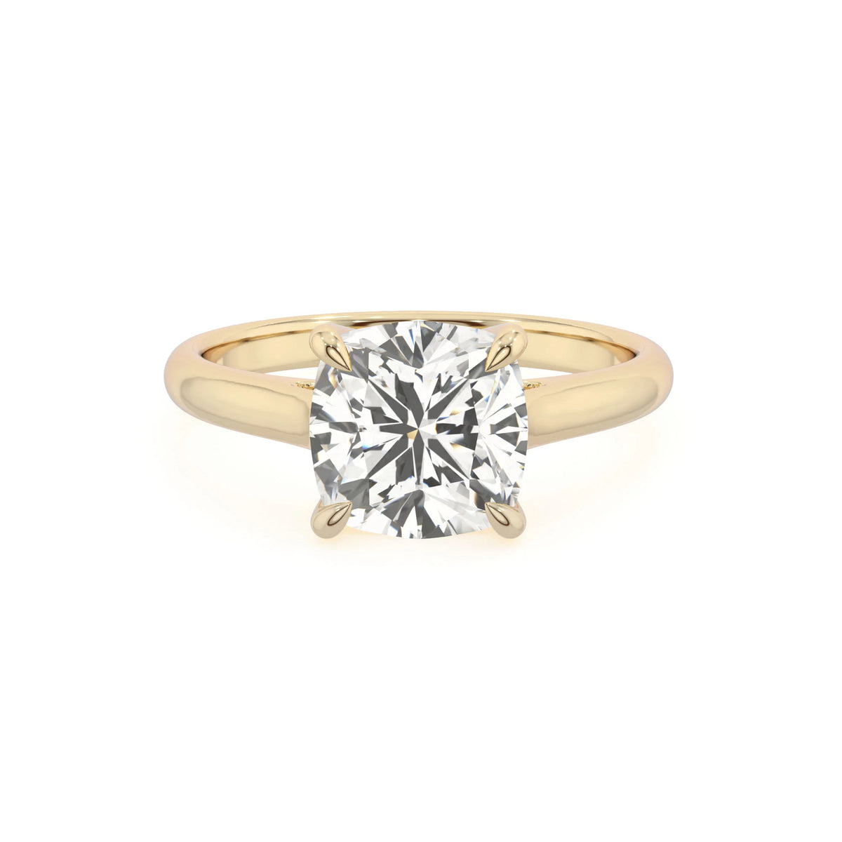 lab grown moissanite cushion solitaire rings in yellow gold 