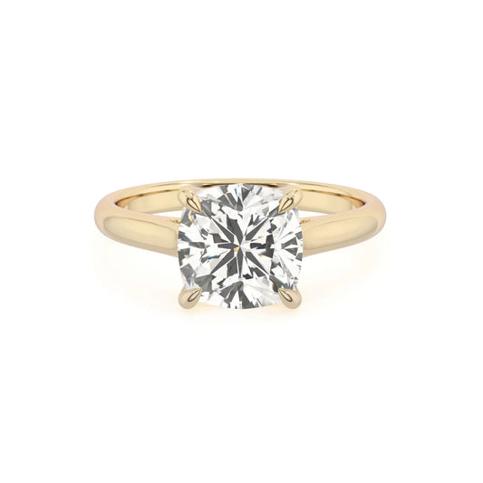 lab grown moissanite cushion solitaire rings in yellow gold 
