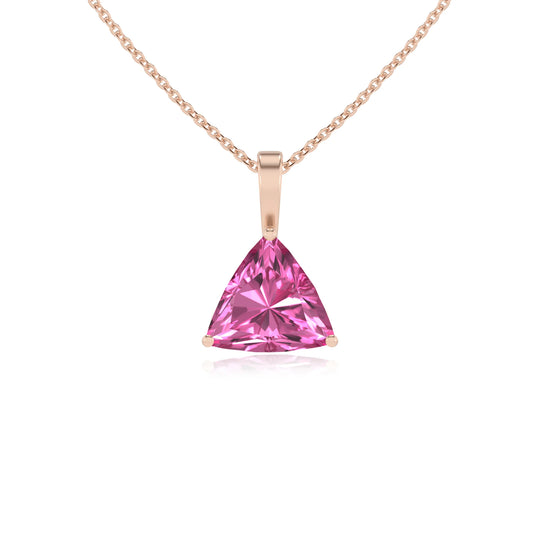 lab grown pink-sapphire trillion solitaire necklaces in rose gold 