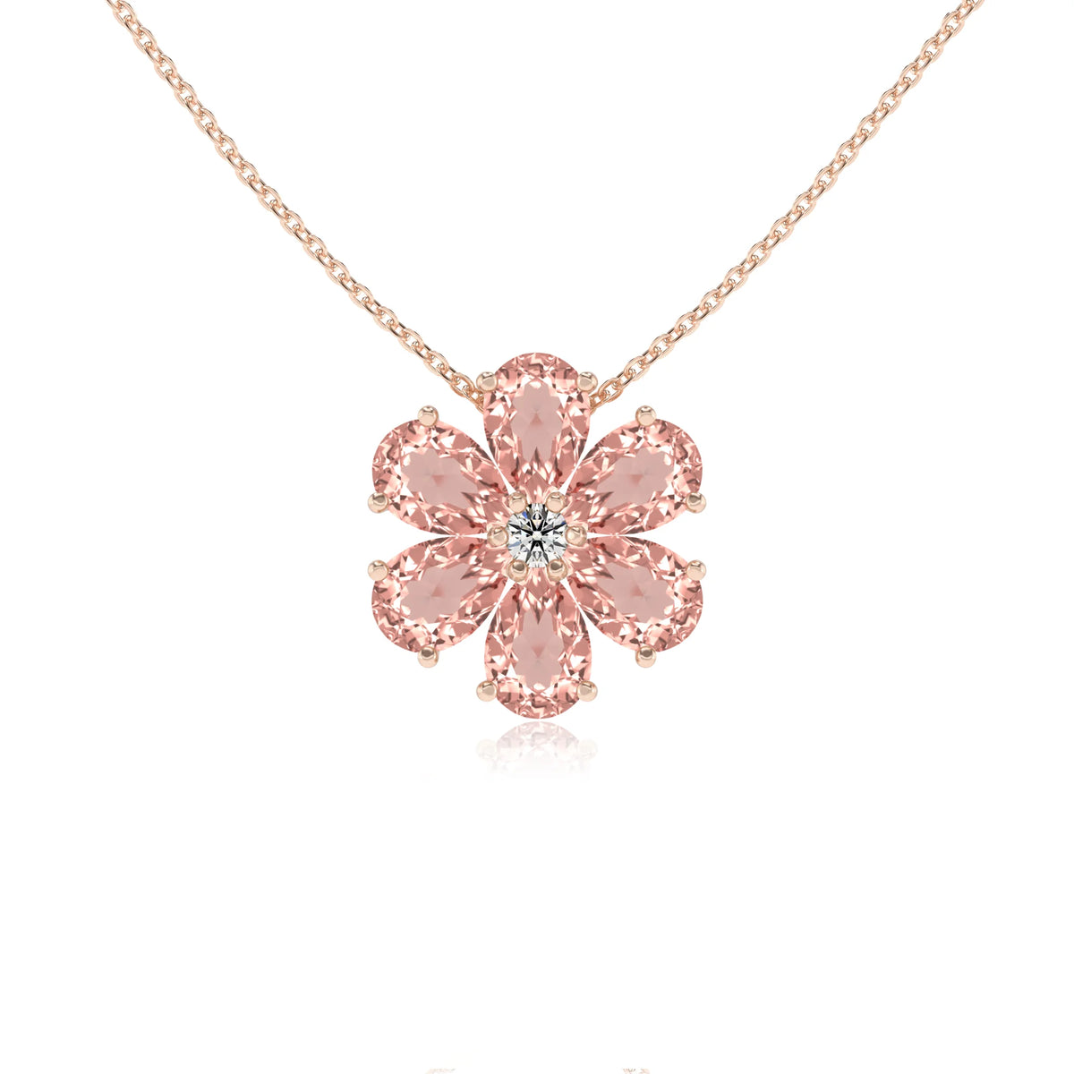 lab grown morganite pear solitaire necklaces in rose gold 