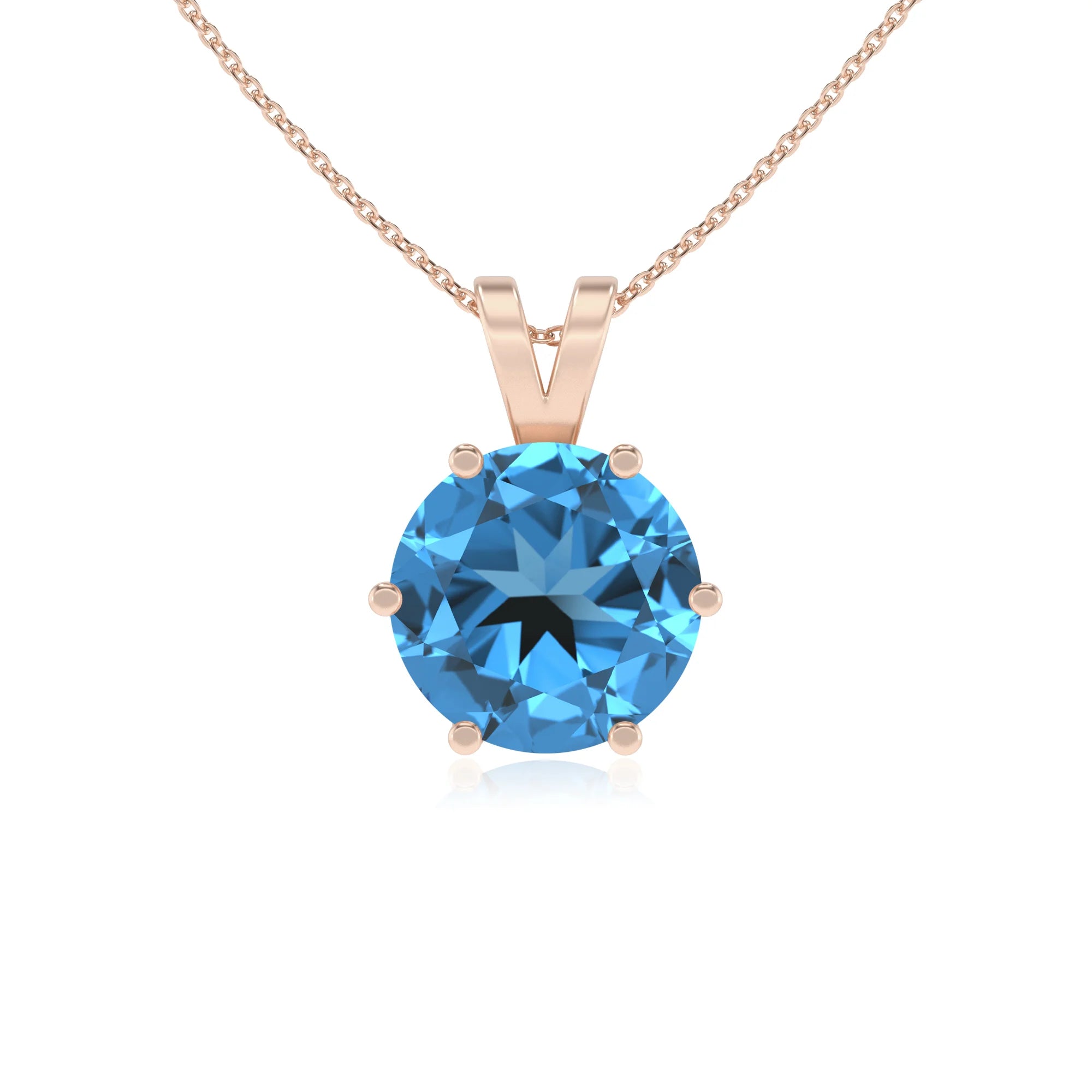 natural swiss-blue-topaz round solitaire v-bale necklaces in rose gold 