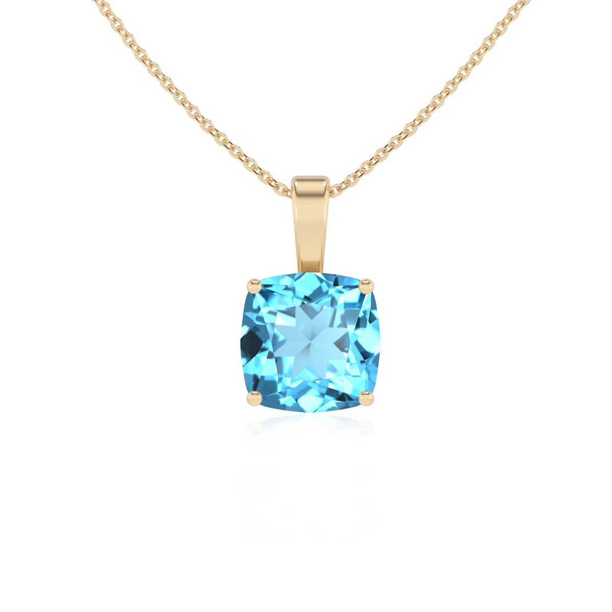 natural swiss-blue-topaz cushion solitaire necklaces in yellow gold 