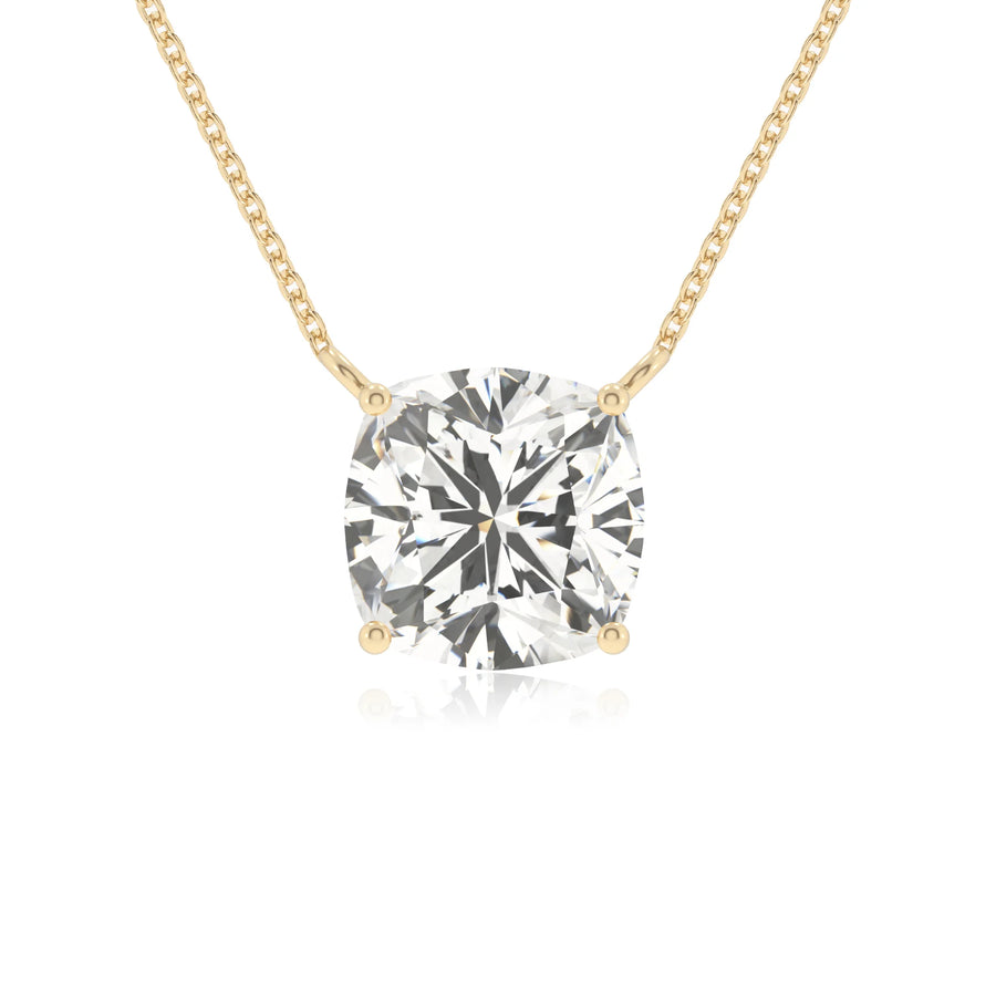 lab grown moissanite cushion solitaire necklaces in yellow gold 
