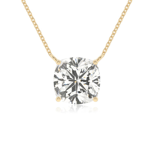 lab grown moissanite cushion solitaire necklaces in yellow gold 