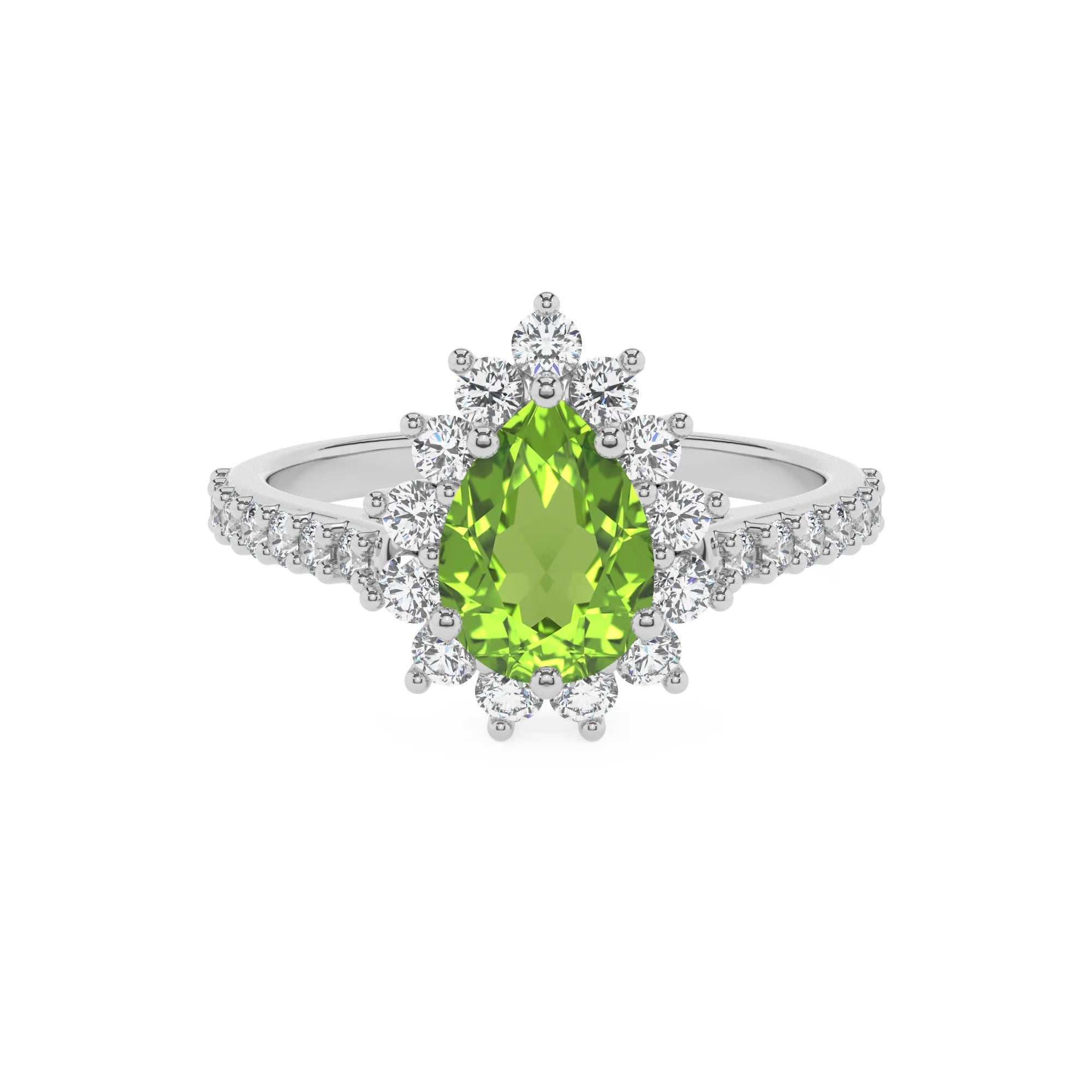 natural peridot pear solitaire rings in white gold 