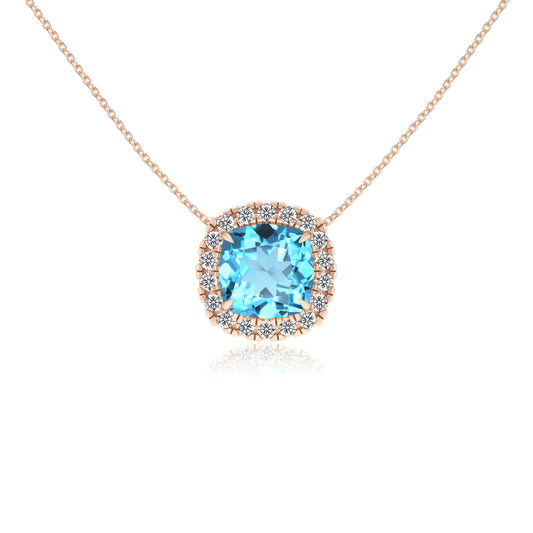 natural swiss blue topaz cushion solitaire necklaces in rose gold 