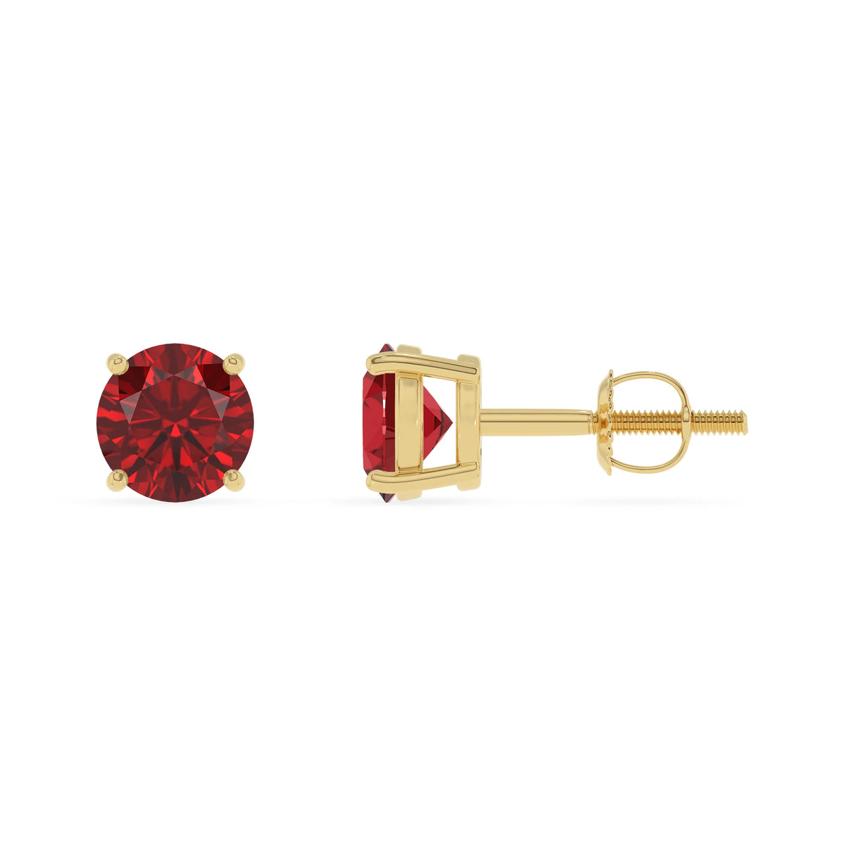 lab grown ruby round stud earrings in yellow gold 