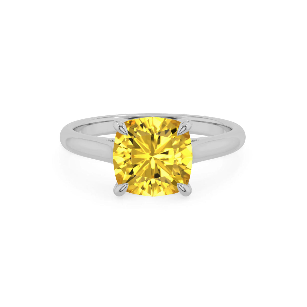 lab grown yellow-sapphire cushion solitaire rings in platinum 