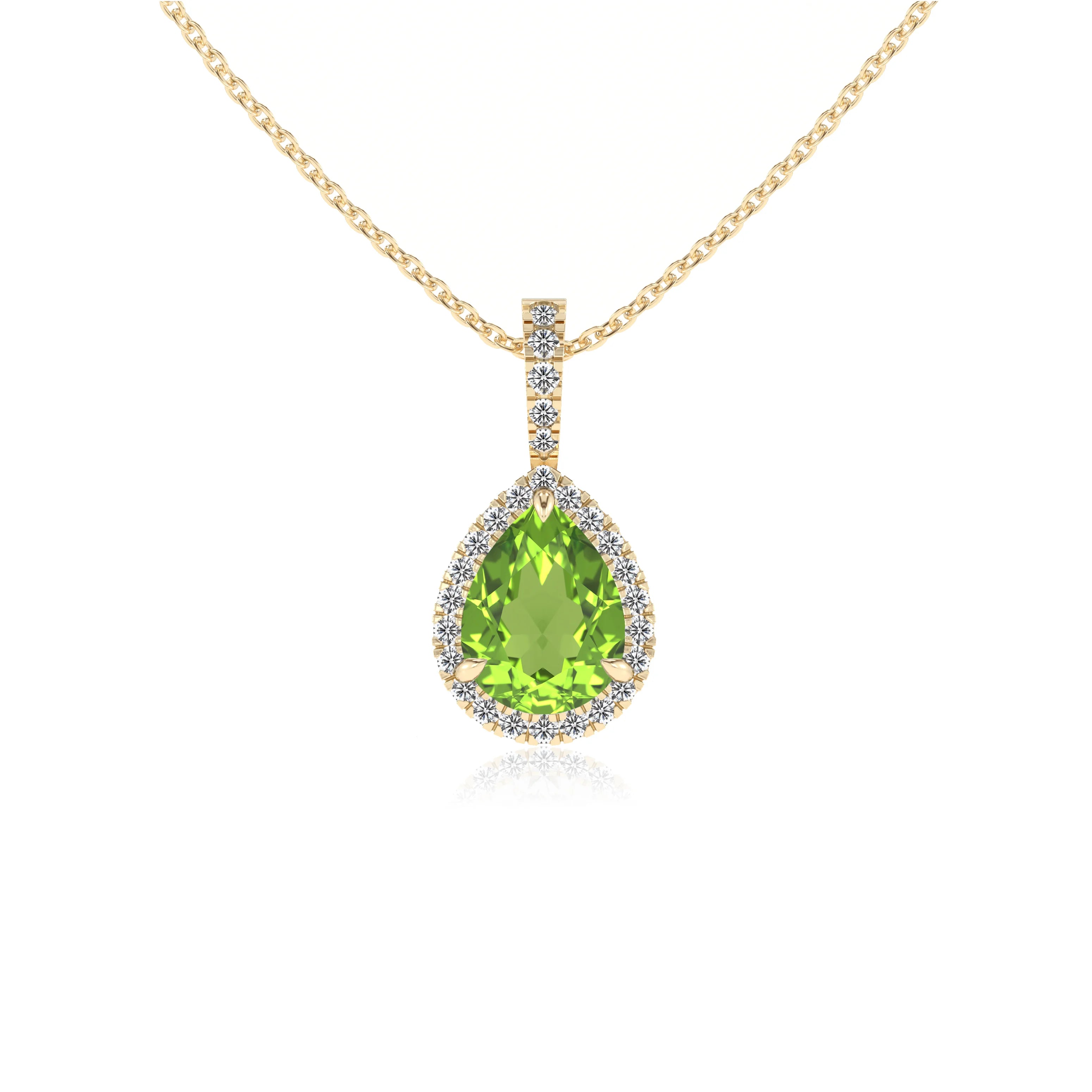 natural peridot pear solitaire necklaces in yellow gold 