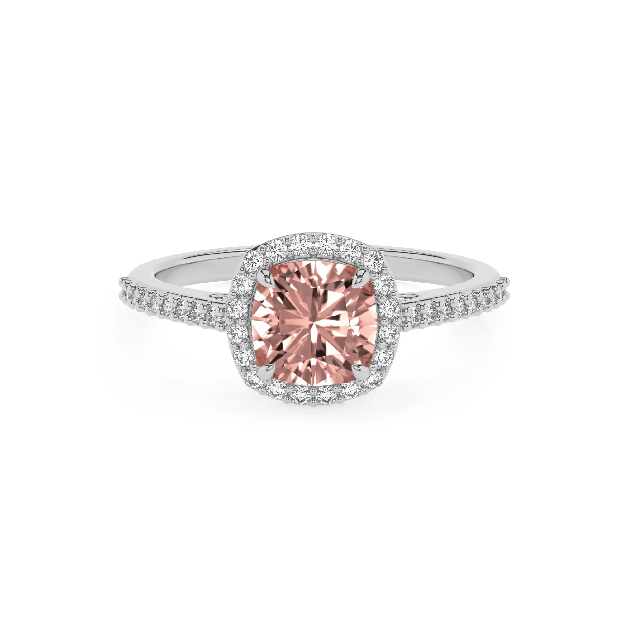 lab grown morganite cushion solitaire rings in platinum 