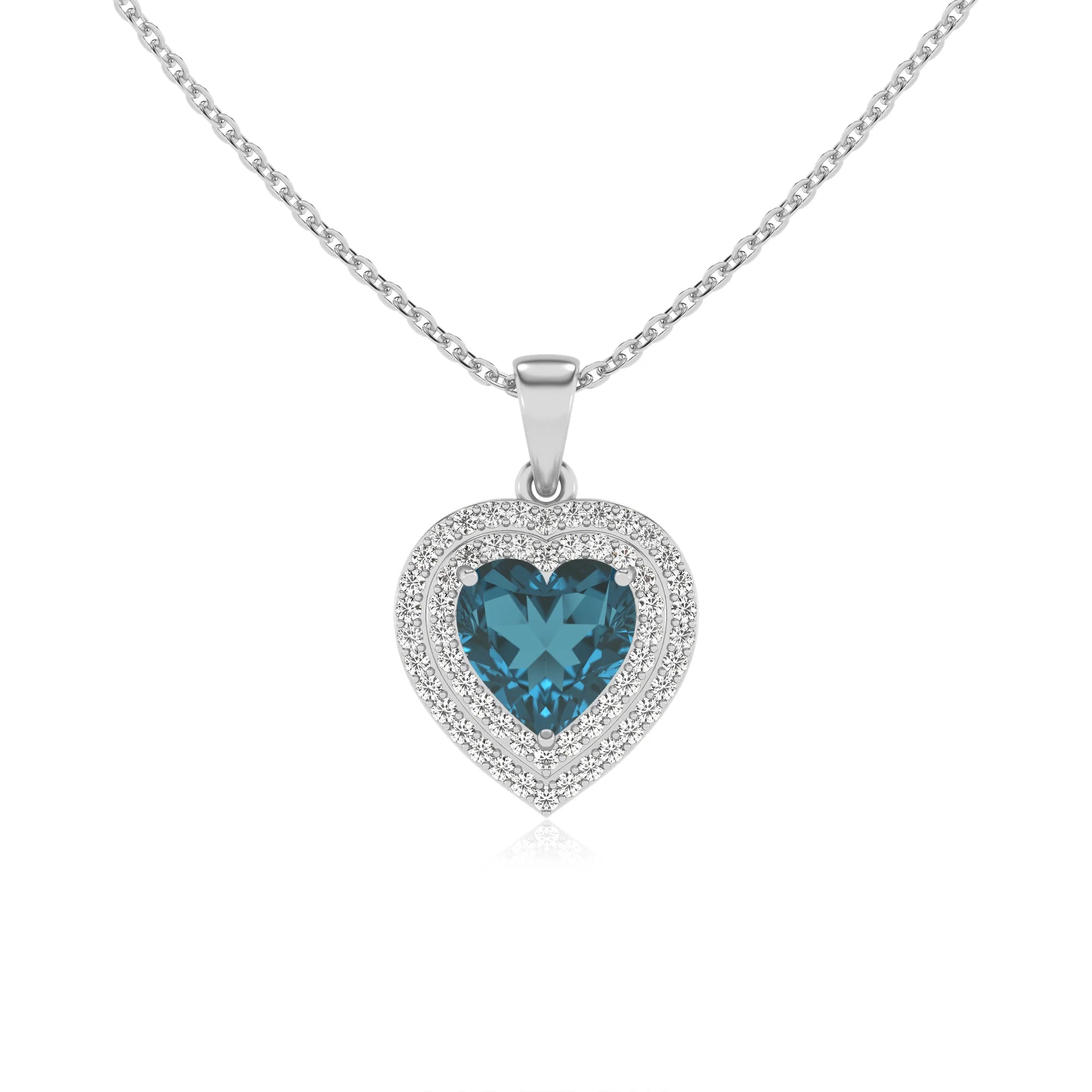 natural london blue topaz heart halo necklaces in white gold 
