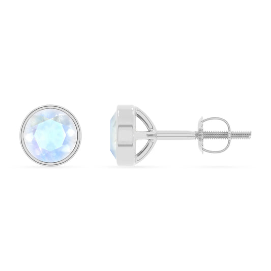 natural rainbow moonstone round stud earrings in platinum 