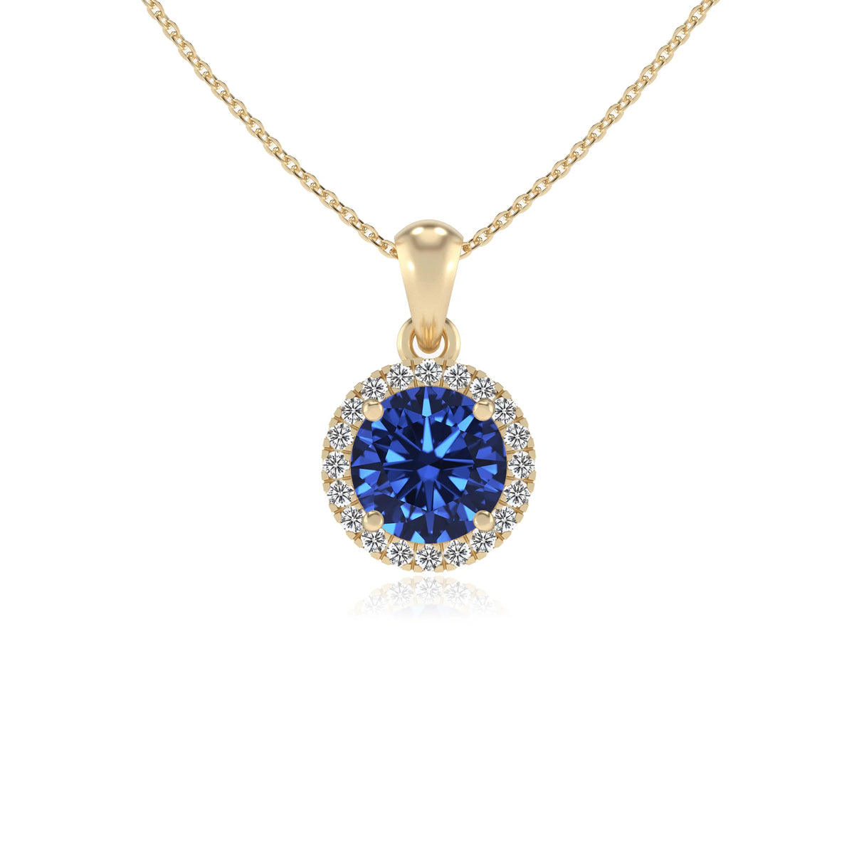 lab grown blue-sapphire round solitaire necklaces in yellow gold 