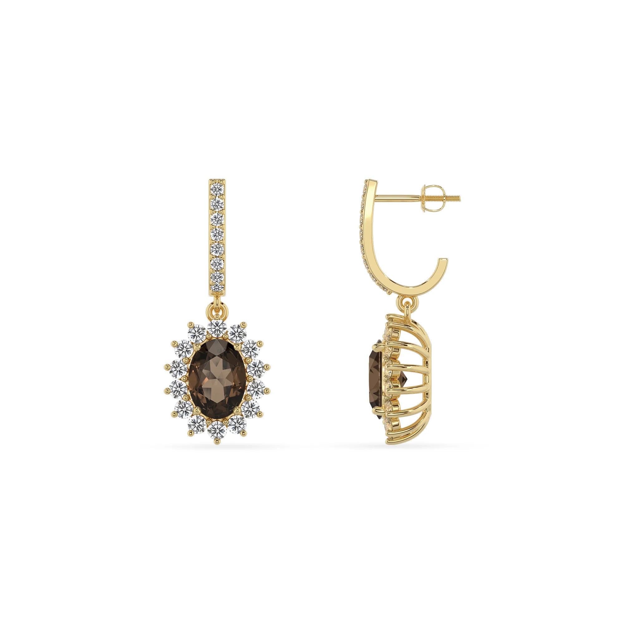 natural smoky quartz oval drop earrings in yellow gold 
