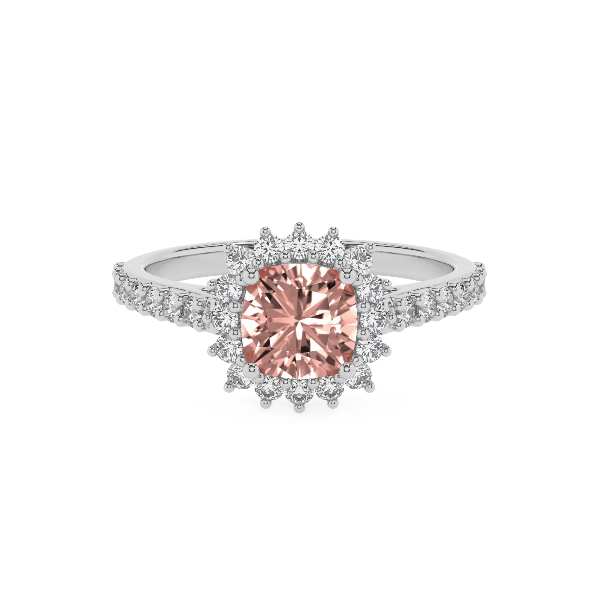 lab grown morganite cushion solitaire rings in platinum 