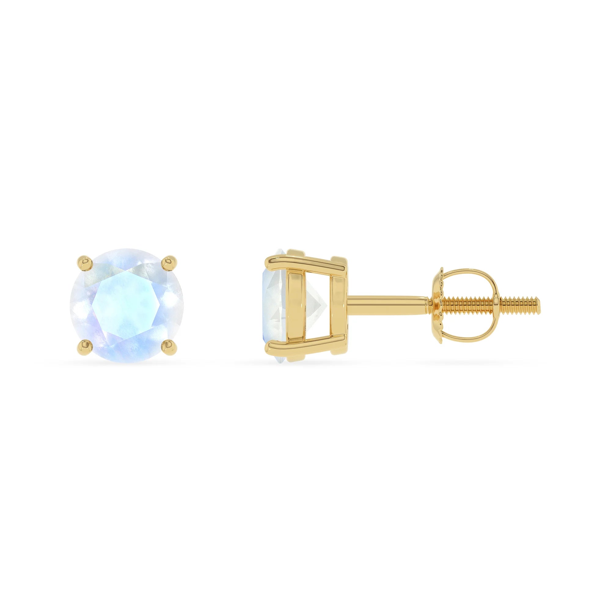 natural rainbow moonstone round stud earrings in yellow gold 