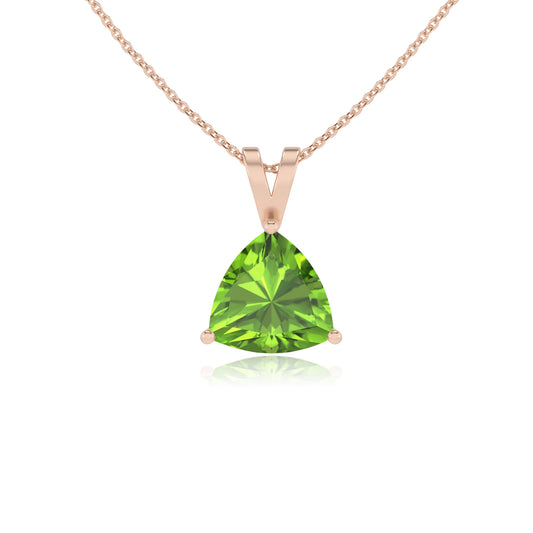 natural peridot trillion solitaire v-bale necklaces in rose gold 