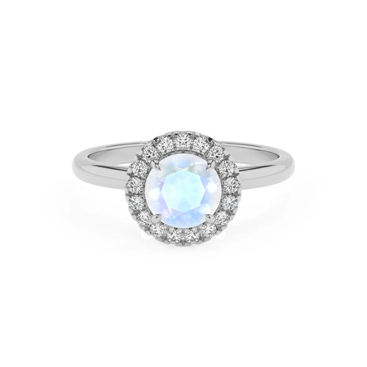 natural rainbow-moonstone round solitaire rings in white gold 
