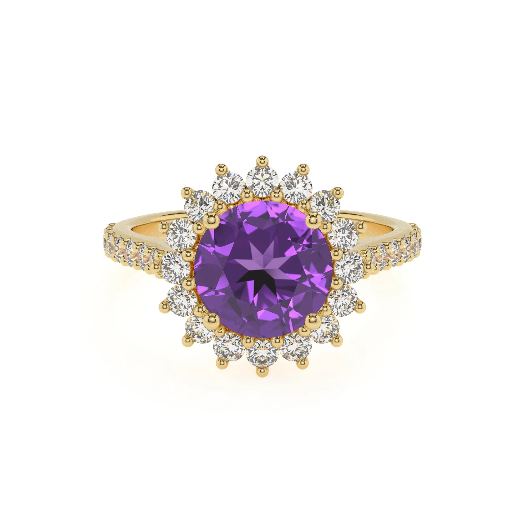 lab grown amethyst round solitaire rings in yellow gold 