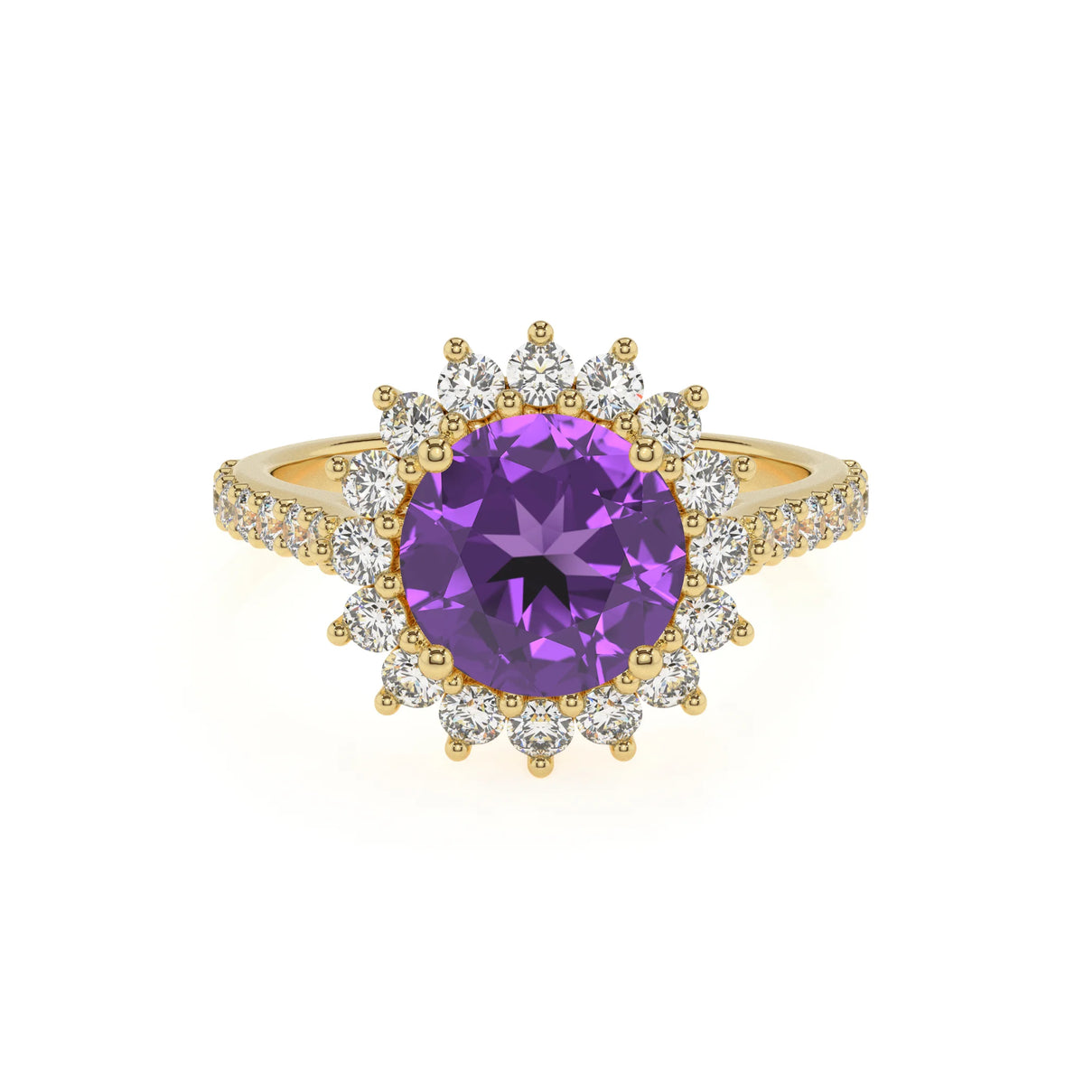 lab grown amethyst round solitaire rings in yellow gold 