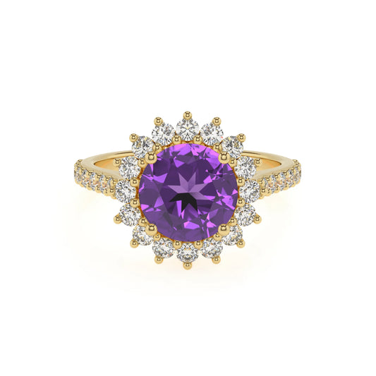 lab grown amethyst round solitaire rings in yellow gold 