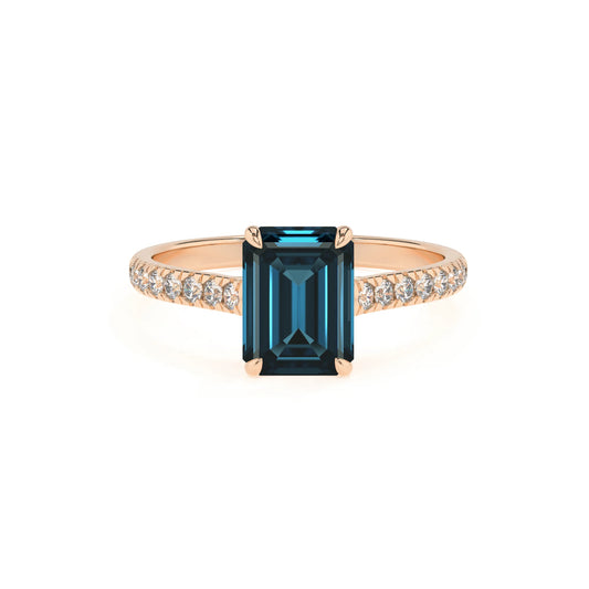 natural london-blue-topaz emerald cut half eternity solitaire engagement rings in rose gold 
