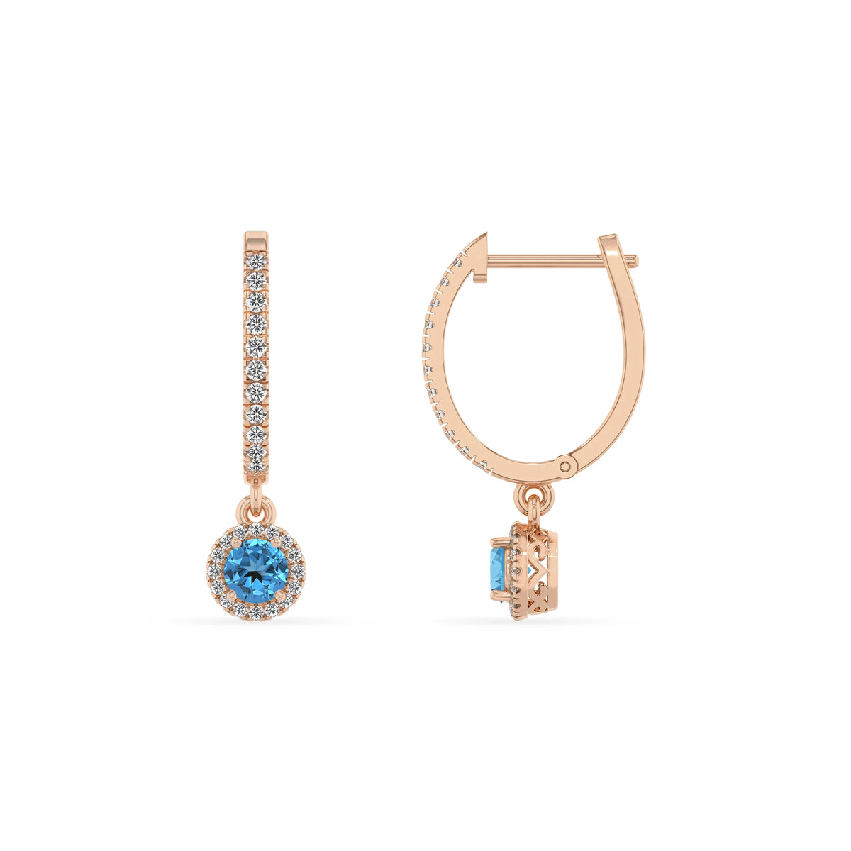 natural swiss blue topaz round drop earrings in rose gold 