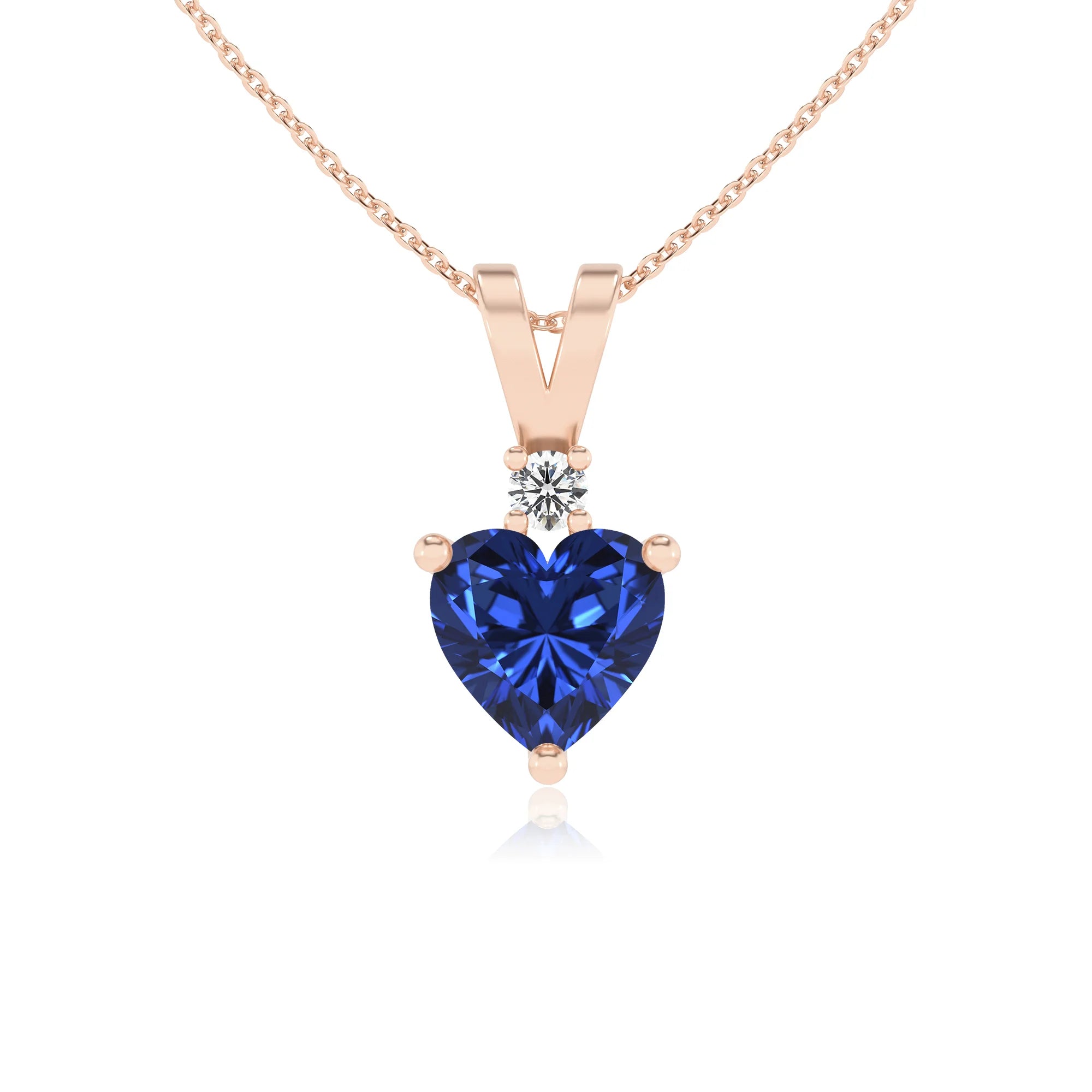 lab grown blue-sapphire heart solitaire v-bale necklaces in rose gold 