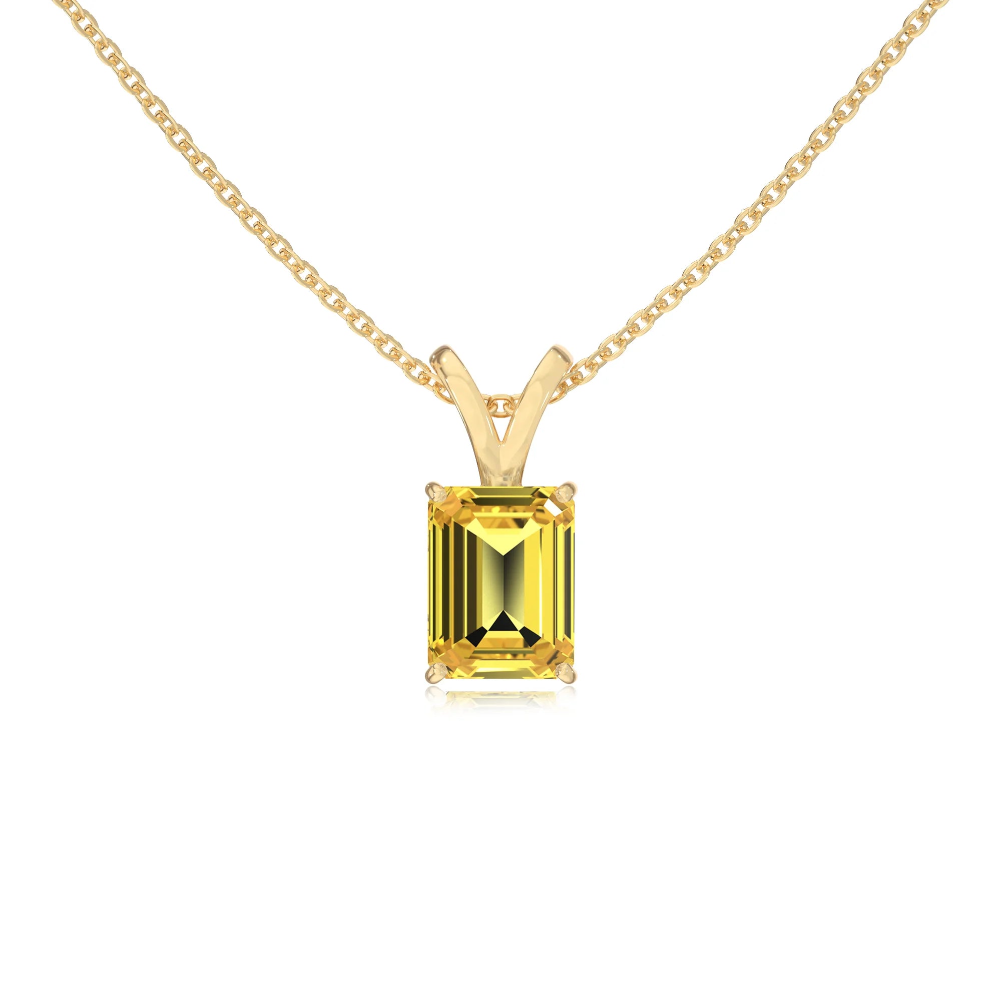 lab grown yellow-sapphire emerald cut solitaire v-bale necklaces in yellow gold 