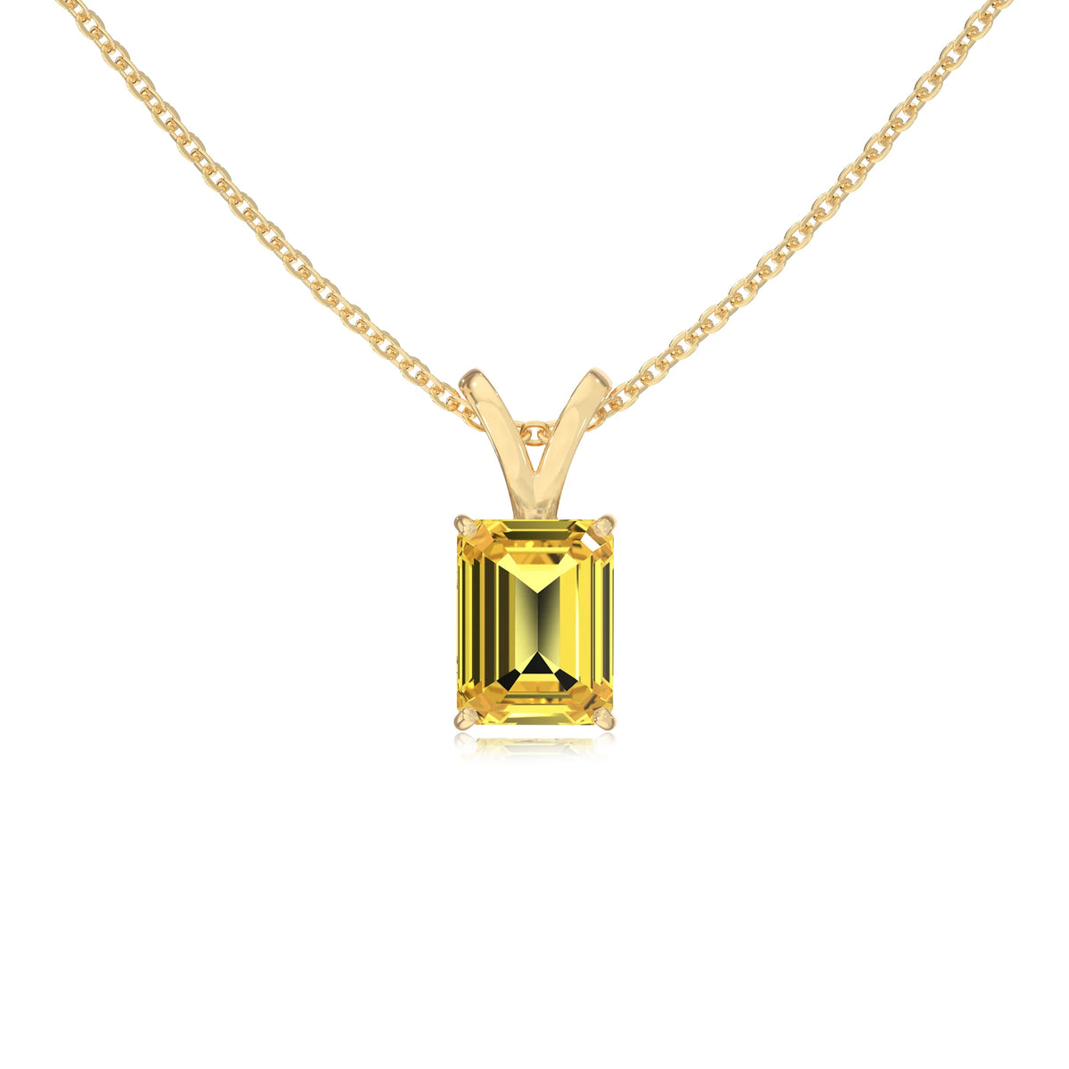lab grown yellow-sapphire emerald cut solitaire v-bale necklaces in yellow gold 