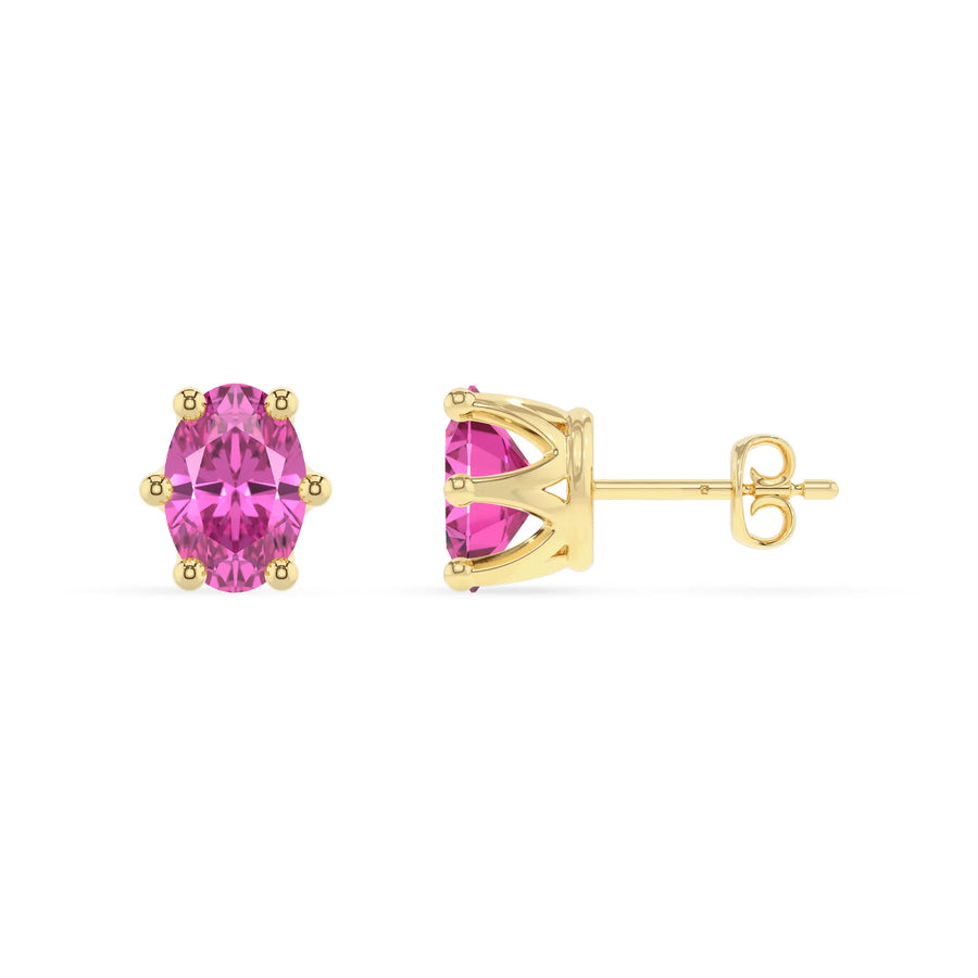 lab grown pink sapphire oval stud earrings in yellow gold 