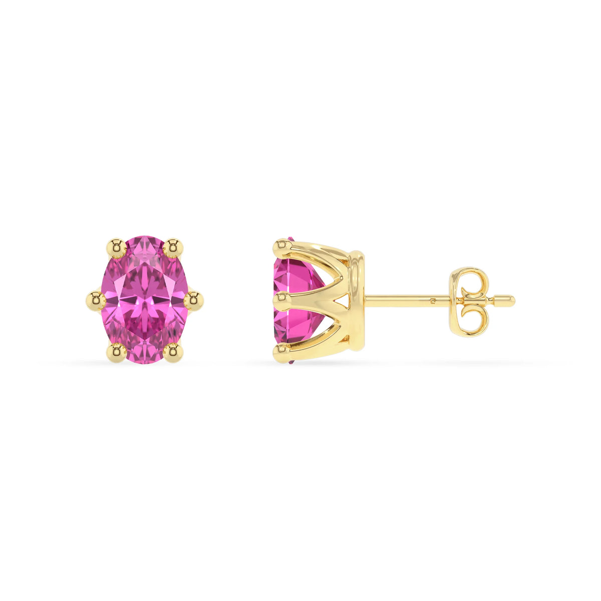 lab grown pink sapphire oval stud earrings in yellow gold 