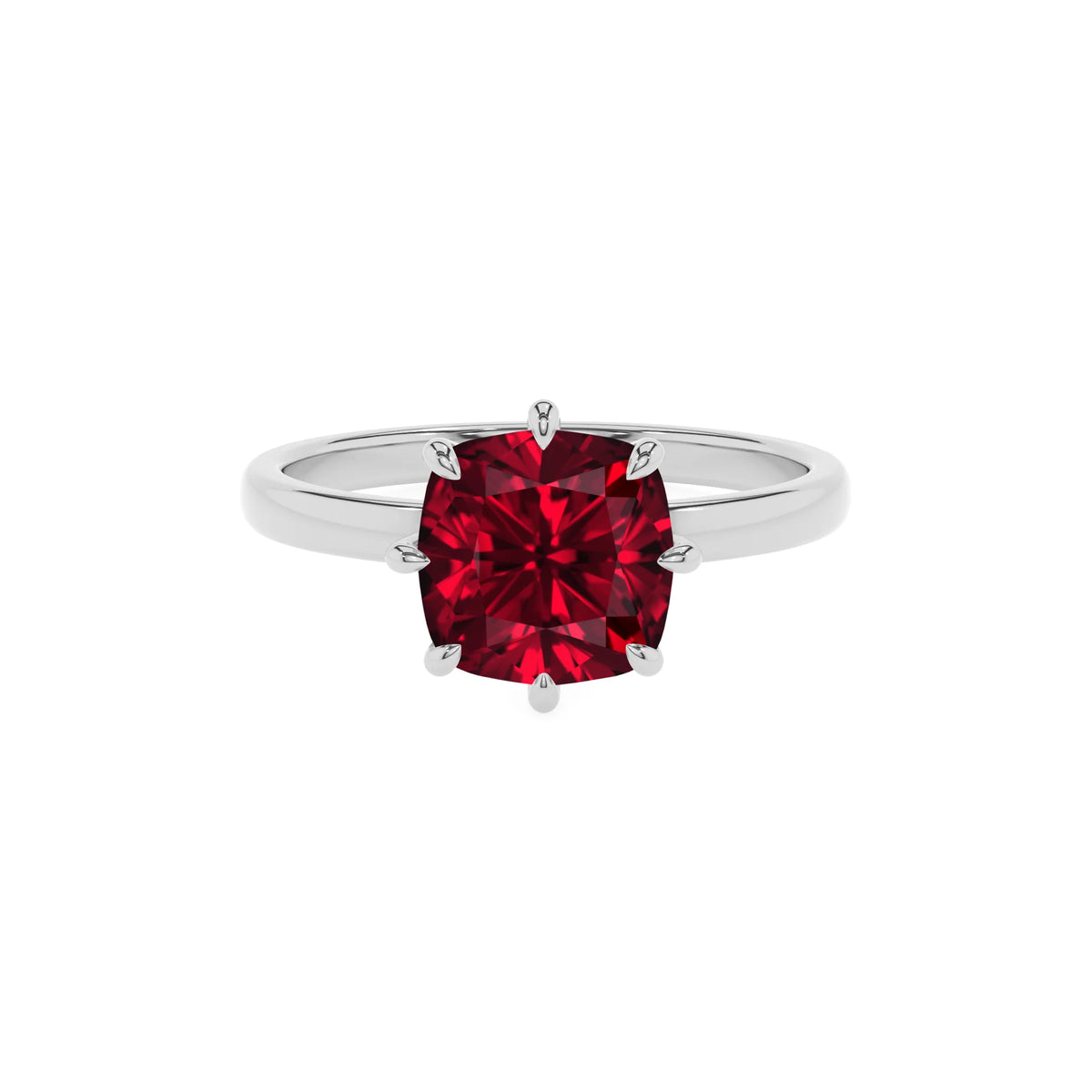 lab grown ruby cushion solitaire rings in sterling silver 